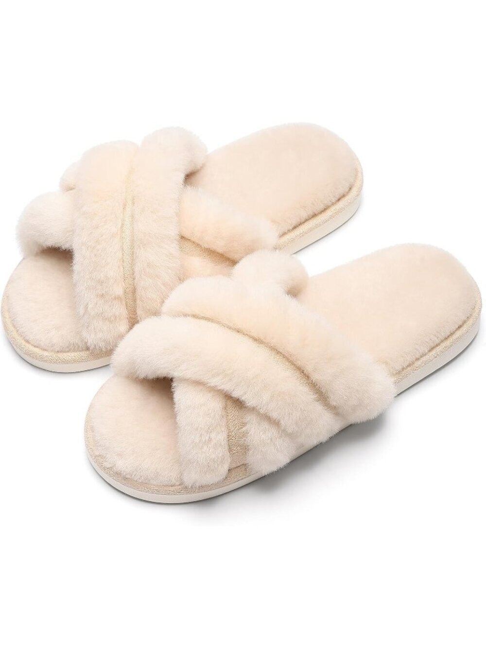 Women's Beige Fuzzy Cross Band Memory Foam House Open Toe Soft Slipper Shoes